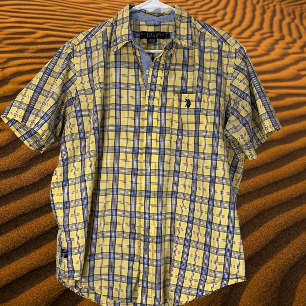 U.S. POLO ASSN Men's Size L Button Down Shirt Blue Yellow Plaid Streetwear Y2K